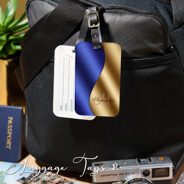 Etiqueta Para Maletas Elegante Monogramado Blue Gold Metallic (Subido por el creador)