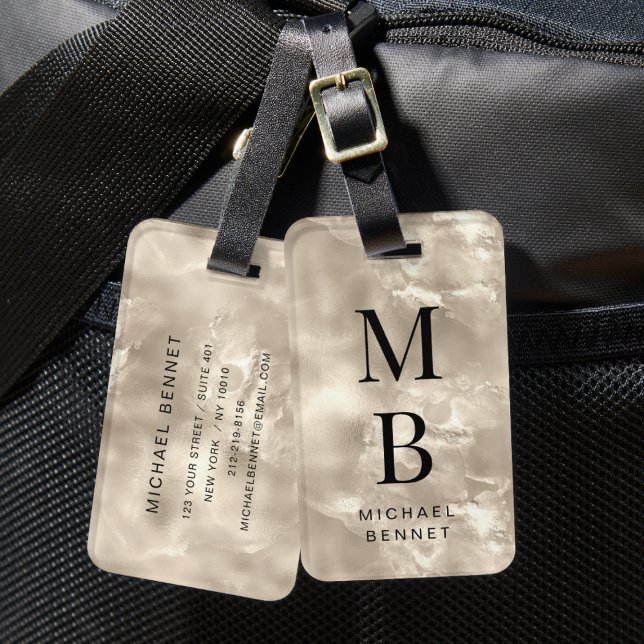 Etiqueta Para Maletas Elegante Monogramado Champagne Pearl Textura (Elegant Monogrammed Champagne Pearl Texture Luggage Tag)