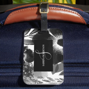Etiqueta Para Maletas Elegante Monogramado Floral Blanco y Negro
