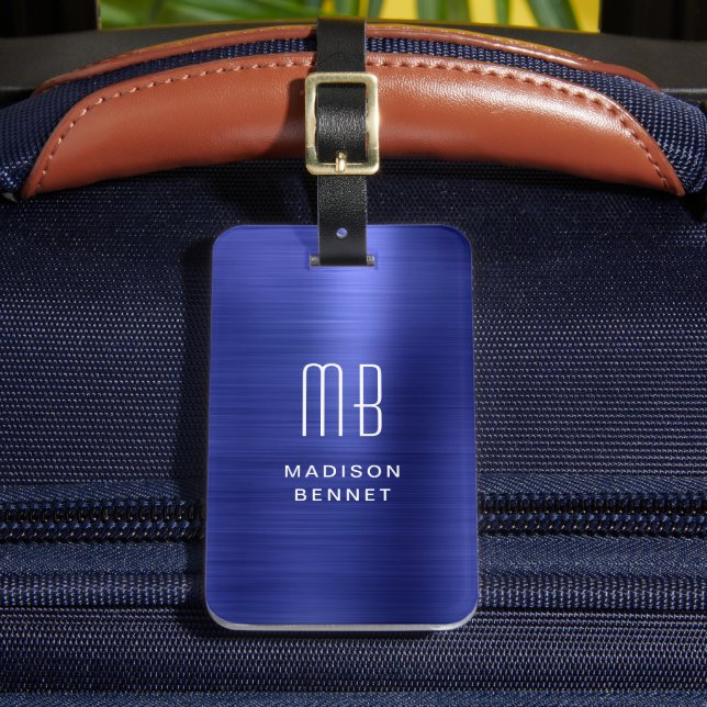 Etiqueta Para Maletas Elegante Monogramado Navy Blue Brushed Metallic (Anverso In situ 2)