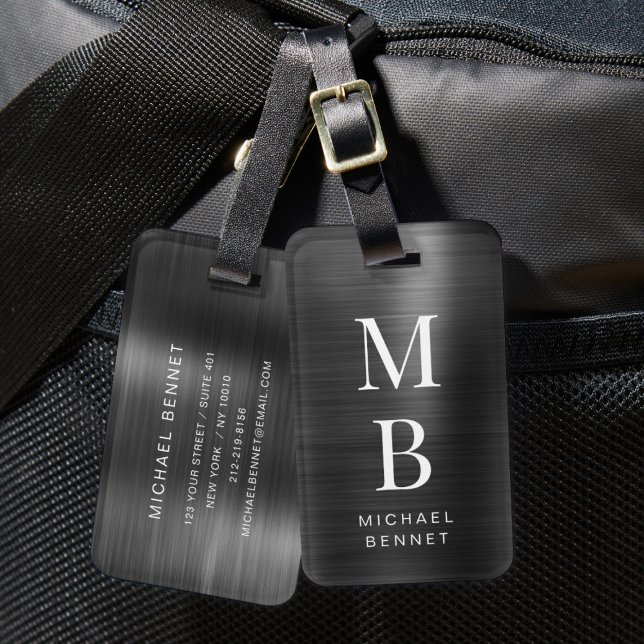 Etiqueta Para Maletas Elegante Monogramado Negro Cepillado metálico (Elegant Monogrammed Black Brushed Metallic Luggage Tag)
