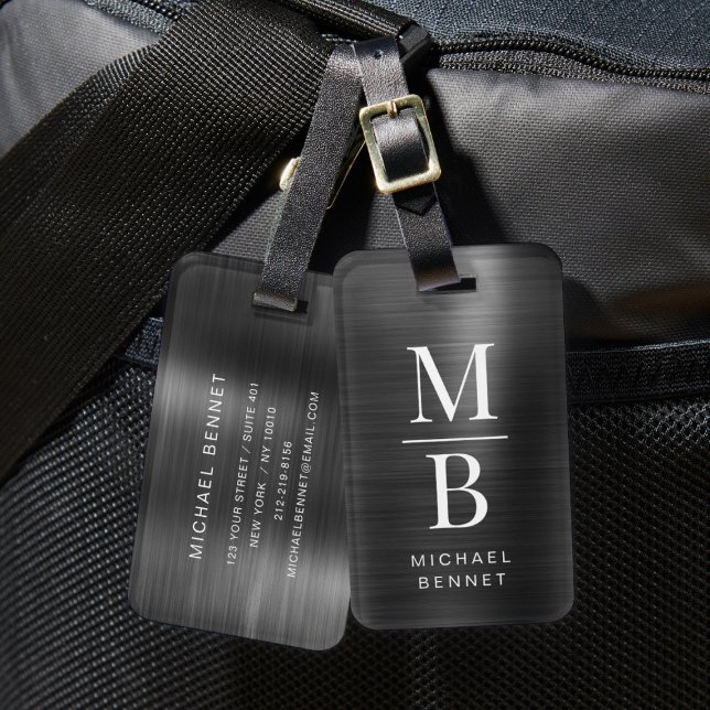 Etiqueta Para Maletas Elegante Monogramado Negro Cepillado metálico (Elegant Monogrammed Black Brushed Metallic Luggage Tag)