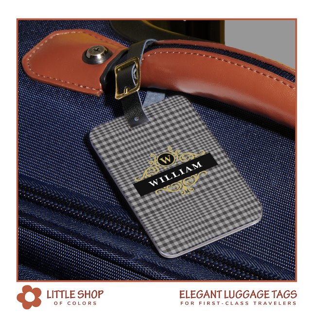 Etiqueta Para Maletas Elegante Monogramado Negro Oro Gris Placa (Subido por el creador)