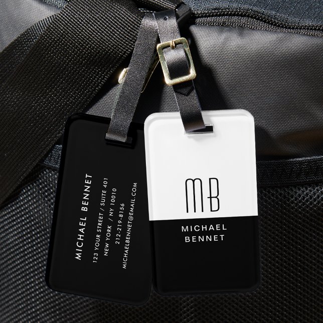 Etiqueta Para Maletas Elegante Monogramado Negro Y Blanco (Elegant Monogrammed Black And White Luggage Tag)