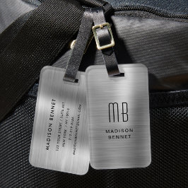 Etiqueta Para Maletas Elegante Monogramado Plata Cepillado Metálico