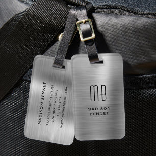 Etiqueta Para Maletas Elegante Monogramado Plata Cepillado Metálico