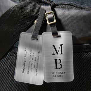 Etiqueta Para Maletas Elegante Monogramado Plata Cepillado Metálico