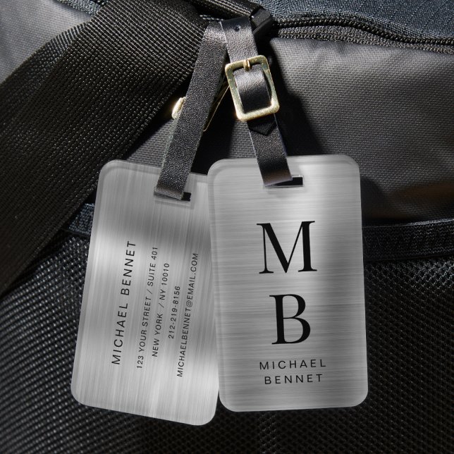Etiqueta Para Maletas Elegante Monogramado Plata Cepillado Metálico (Elegant Monogrammed Silver Brushed Metallic Luggage Tag)