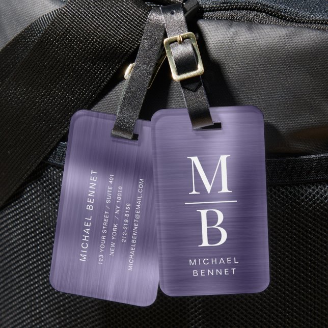 Etiqueta Para Maletas Elegante Monogramado Purple Brushic Metálico (Elegant Monogrammed Purple Brushed Metallic Luggage Tag)
