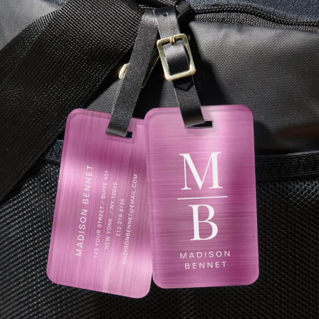 Etiqueta Para Maletas Elegante Monogramado Rosado Cepillado Metálico (Elegant Monogrammed Pink Brushed Metallic Luggage Tag)