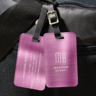 Etiqueta Para Maletas Elegante Monogramado Rosado Cepillado Metálico