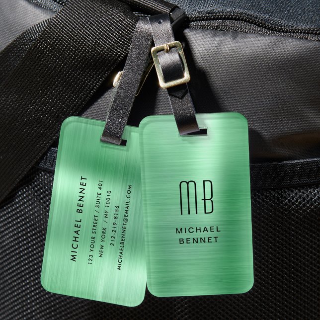 Etiqueta Para Maletas Elegante Monogramado Verde Cepillado Metalizado (Elegant Monogrammed Green Brushed Metal Luggage Tag)