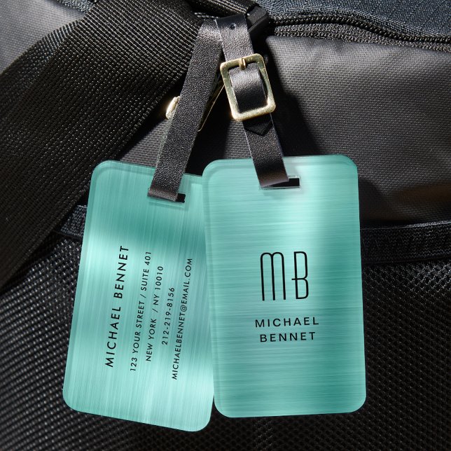 Etiqueta Para Maletas Elegante Monogramado Verde Verde azulado cepillado (Elegant Monogrammed Teal Green Brushed Metal Luggage Tag)