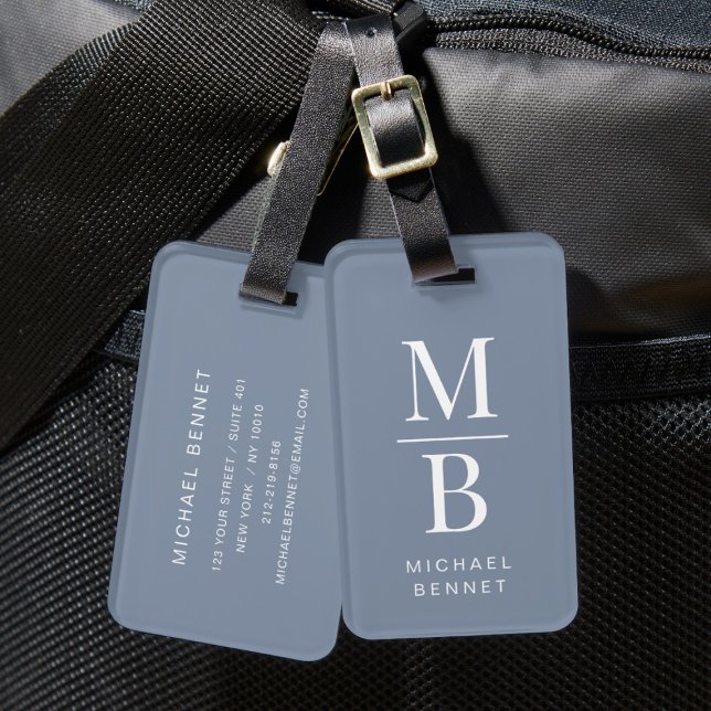 Etiqueta Para Maletas Elegante Monogramed Dusty Blue (Elegant Monogrammed Dusty Blue Luggage Tag)
