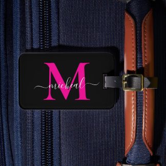 Etiqueta Para Maletas Elegante nombre con monograma en rosa y negro en l