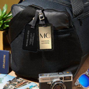 Etiqueta Para Maletas Elegante oro y metal negro nombre monogramado