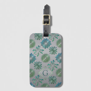 Etiqueta Para Maletas Elegante Patrón de Monograma Azul Verde Ornamentad