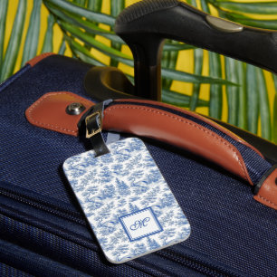 Etiqueta Para Maletas Elegante patrón de monograma de toile francés azul