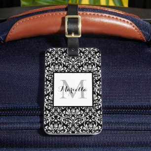 Etiqueta Para Maletas Elegante Personalizado de Damasco en Monograma Bla