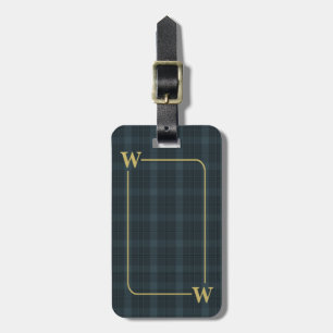 Etiqueta Para Maletas Elegante Plaid de Cuadro con Monograma Negro Dorad