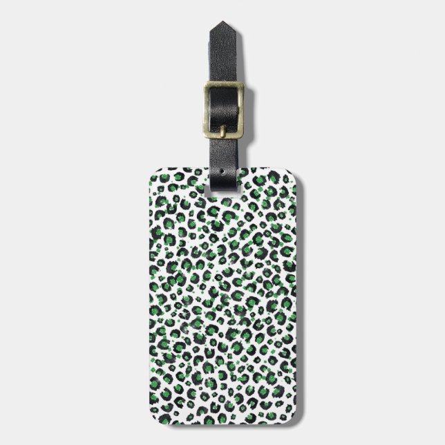 Etiqueta Para Maletas Elegante Purpurina Verde Leopardo negro impresión  (Frente Vertical)