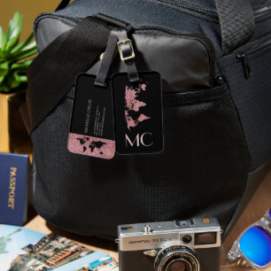 Etiqueta Para Maletas Elegante Purpurina Viaje Mundo Mapa Monogramado No