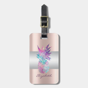 Etiqueta Para Maletas Elegante raya femenina, piña rosa dorado
