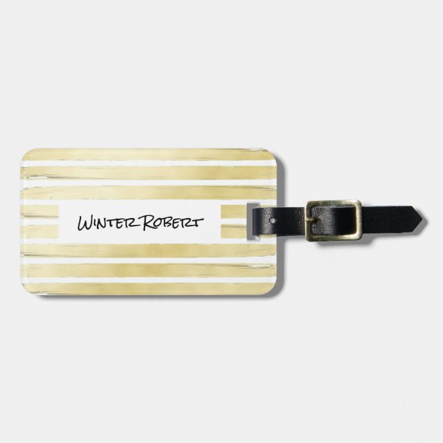 Etiqueta Para Maletas Elegante Relieve metalizado dorado blanco rayado (Frente Horizontal)