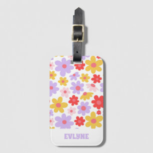 Etiqueta Para Maletas Elegante Retro Púrpura Rojo Moderno Groovy Floral
