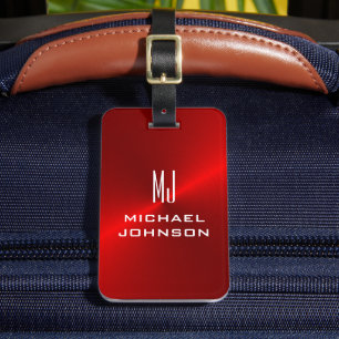 Etiqueta Para Maletas Elegante Rojo Cepillado Metálico Monogramado Inici