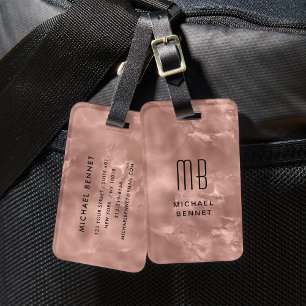 Etiqueta Para Maletas Elegante Rosa Monogramado Tinta Líquida Oro Textur