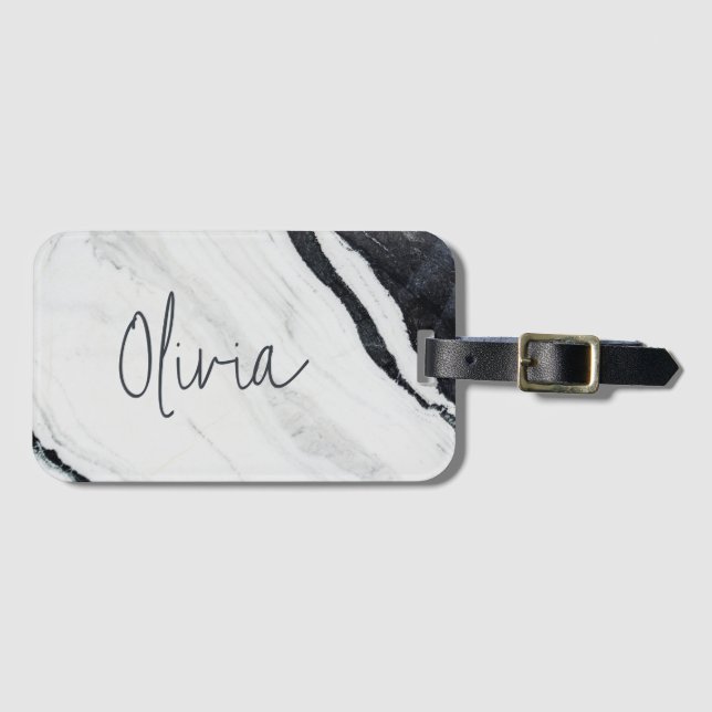 Etiqueta Para Maletas Elegante Script Name Black White Marble Travel (Anverso horizontal)