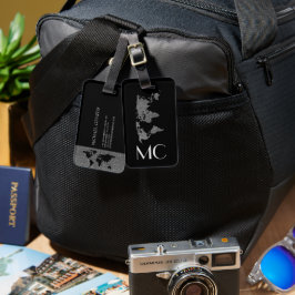 Etiqueta Para Maletas Elegante Silver Travel World Map Monogramed Name