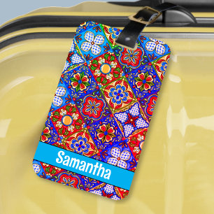 Etiqueta Para Maletas Elegante talavera mexicana azulejos púrpura azul r