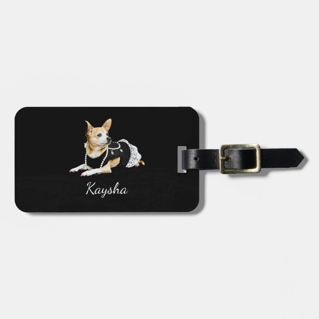 Etiqueta Para Maletas Elegante Tan Brown Perro Chihuahua Negro Perro (Frente Horizontal)