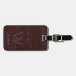 Etiqueta Para Maletas Elegante textura de cuero marrón oscuro monogramad