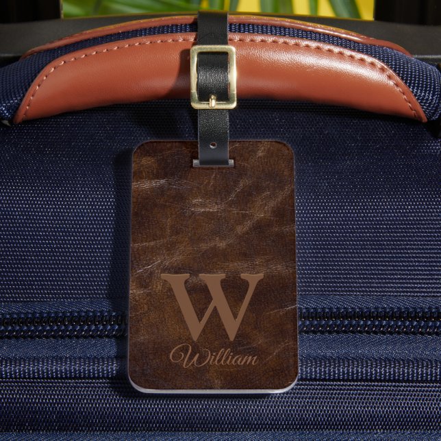 Etiqueta Para Maletas Elegante textura de cuero marrón oscuro monogramad (Anverso In situ 2)