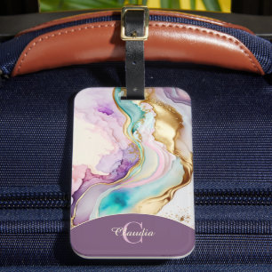 Etiqueta Para Maletas Elegante Tinta Líquida de Mármol de Monograma