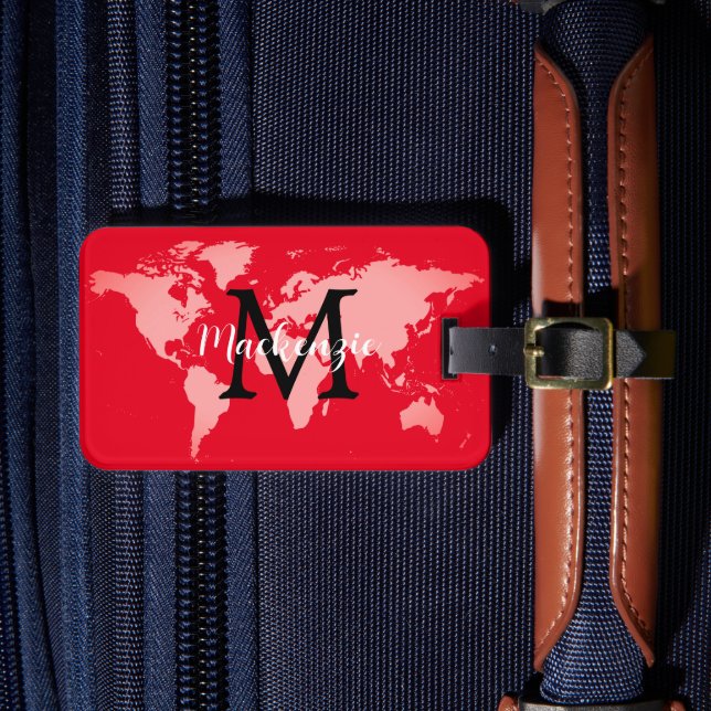 Etiqueta Para Maletas Elegante World Traveller Map Monogramed Name (Anverso In situ 4)