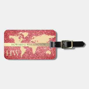 Etiqueta Para Maletas Elegante World Traveller Map Purpurina Monograma N