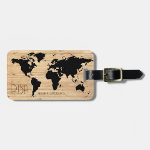 Etiqueta Para Maletas Elegante World Traveller Map Wood Monogramed Name
