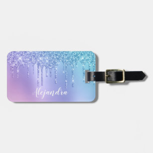 Etiqueta Para Maletas Elegante y elegante goteo de purpurina azul y viol