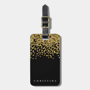 Etiqueta Para Maletas Elegante y personalizado Confetti de oro negro