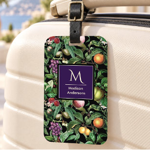 Etiqueta Para Maletas Elegantes frutas tropicales patrón negro monograma