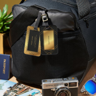 Etiqueta Para Maletas Elegantes Rayas Monograma Patrón Dorado Y Negro