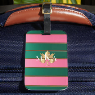 Etiqueta Para Maletas Elegantes rayas rosadas y verdes monogramadas