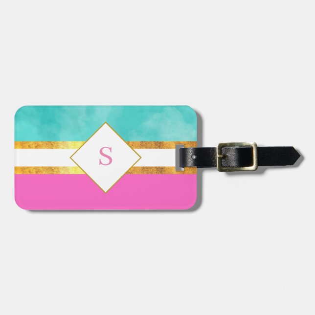 Etiqueta Para Maletas Elegantes rayas rosas y verdes con monogramo (Frente Horizontal)