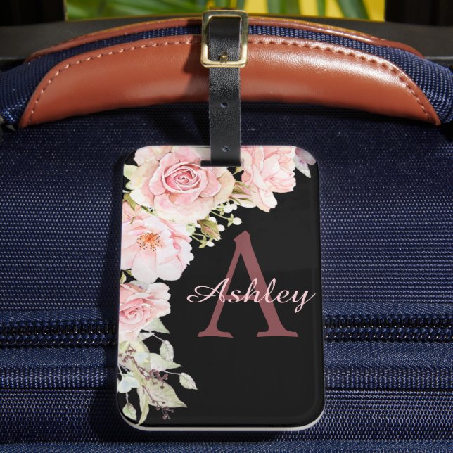 Etiqueta Para Maletas Elegantes Rosas Monogramados de Acuarela Rosa (Anverso In situ 2)