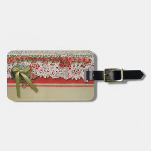 Etiqueta Para Maletas Encaje de Rosa Antiguo Arpillera Roja Victoriana R