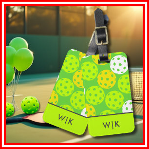 Etiqueta Para Maletas Encaje Verde de Pickleball Monograma Moderno y Gen